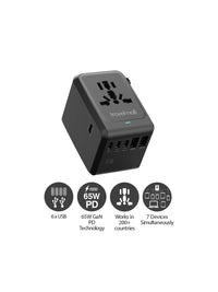 Travelmall GaN 65W PD High Performance Worldwide Travel Adaptor in Black Color