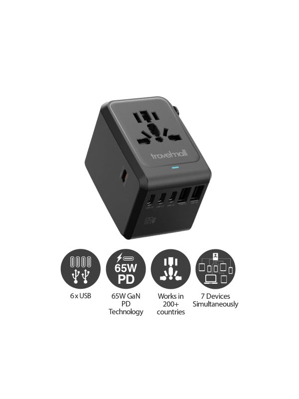 Travelmall GaN 65W PD High Performance Worldwide Travel Adaptor in Black Color