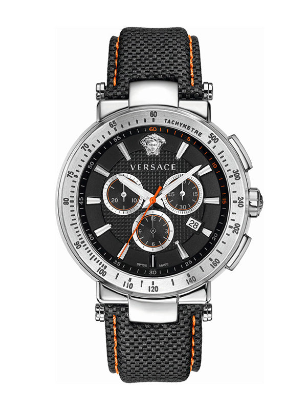 Versace Chronograph Black Leather Strap Watch