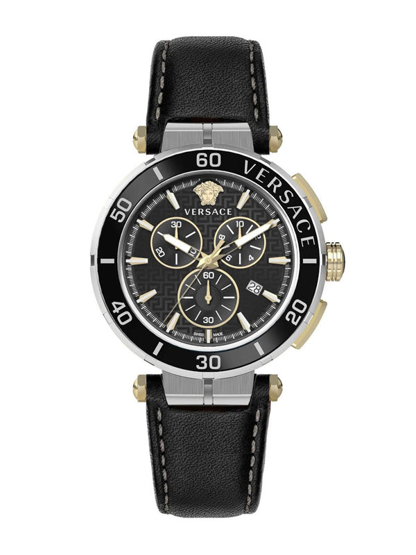Versace Chronograph Black Leather Strap Watch
