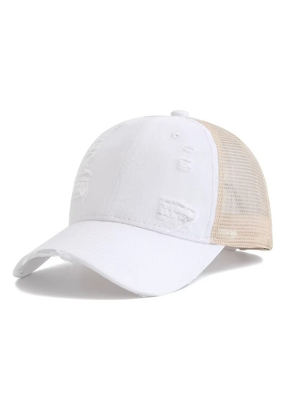White Distressed Curved Brim Trucker Cap