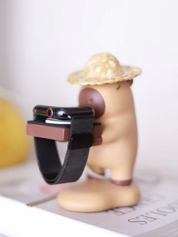 Capybara Apple Watch Charger Stand Desk Organizer (Straw Hat)