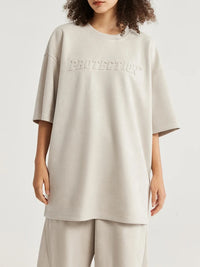 Embossed "Protection" Suede T-Shirt & Shorts Set in Beige Color 8