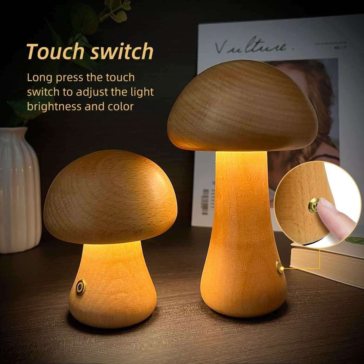 Wood Carved Mushroom Night Light – Beech & Walnut