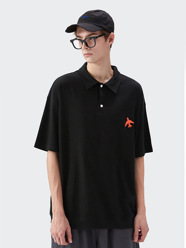 Aeroplane Oversized Polo Shirt in Black Color
