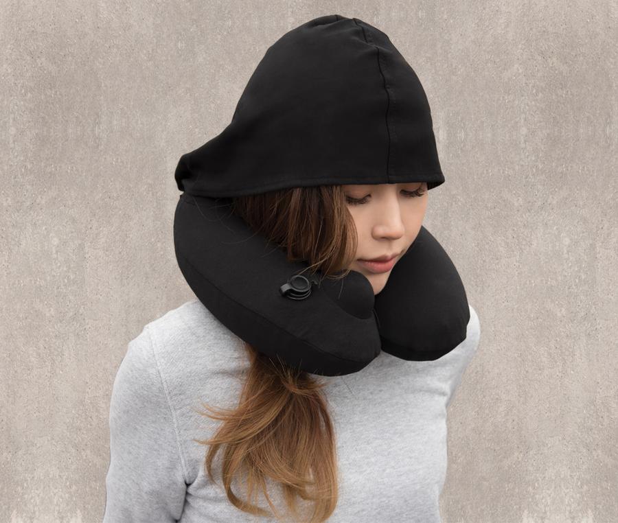 Travelmall Inflatable Neck Pillow With Patented Pump and Foldable Hood in Black Color