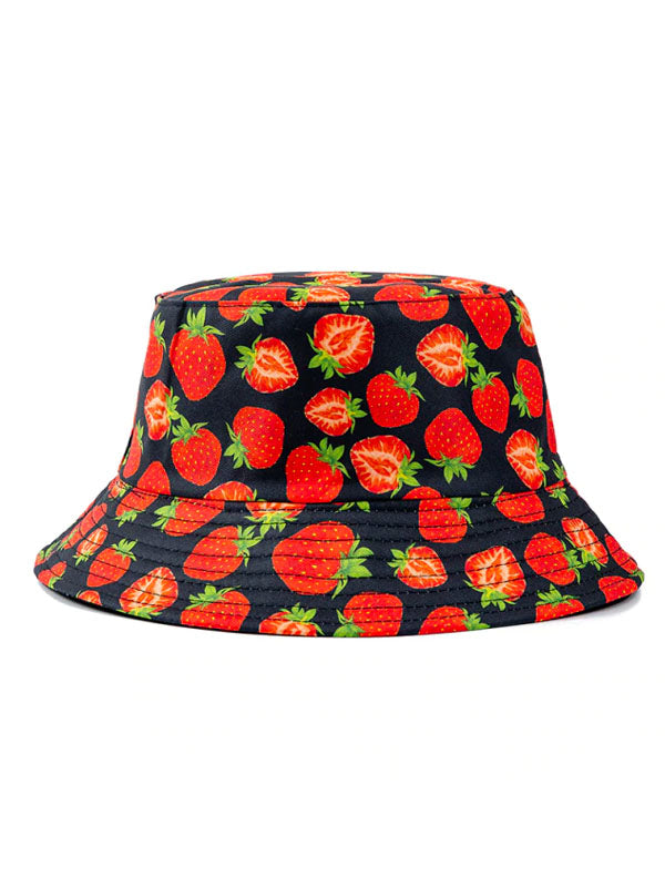 Strawberry Print Black Bucket Hat